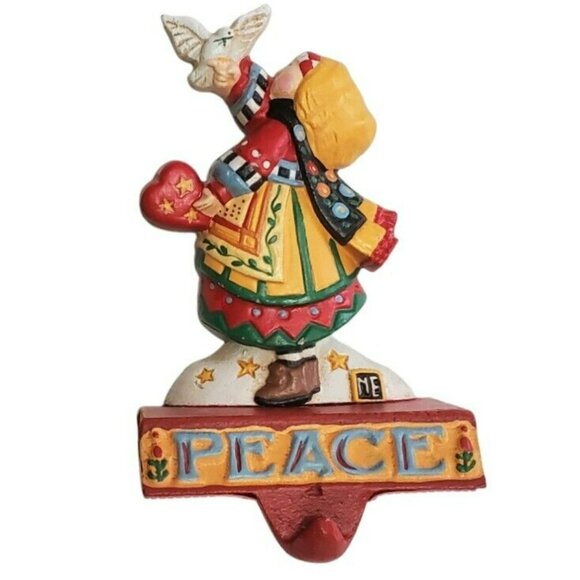 VTG Mary Engelbreit Cast Iron Stocking Hanger Christmas PEACE Girl Dove Holder - Picture 8 of 14